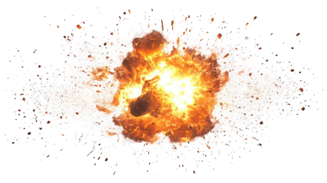 A bright explosion with orange and white colors in the center on a black background with scattered pixels