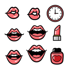Cartoon lips, mustache, lipstick and clock vector