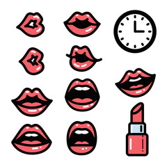 Cartoon lips, lipstick and clock icon pack