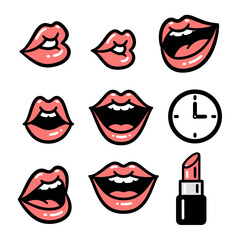 Cartoon lips and lipstick with clock illustration