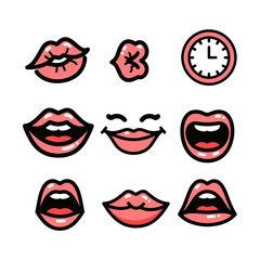 Cartoon lips and face expression icons with clock