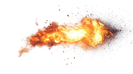 A bright orange flame with smoke and debris on a black background in a horizontal orientation