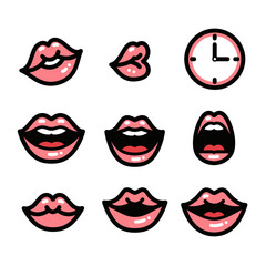 Cartoon lips and mouth shapes with clock icon