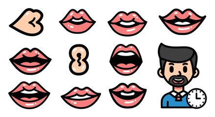Lips and face expression icons with male avatar