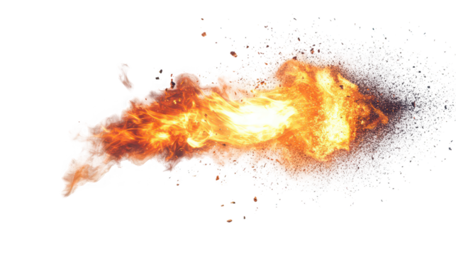 A bright orange flame with smoke and debris on a black background in a horizontal orientation