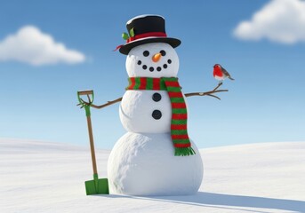 Obraz premium A happy snowman with a top hat, striped scarf, and shovel, with a robin, in a crisp winter setting
