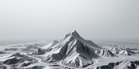 Strategic data canvas concept. A monochrome mountain landscape with rugged peaks and valleys.