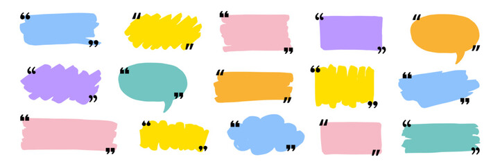 Naklejka premium Text box frame set with quotation mark. Hand drawn marker brush stroke text talk message frame background. Quotation mark dialog speech, square, chat color design template. Vector illustration
