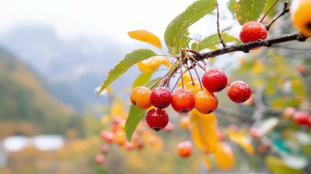 Autumnal Rhapsody: A close-up showcases a branch laden with vibrant red crabapples, set against a soft-focus backdrop of misty mountains and autumnal hues.