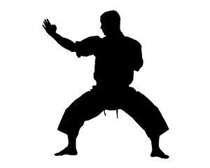 A striking black silhouette of a karateka in a powerful, deep stance with a raised arm for defense, conveying focus and strength against a clean white background