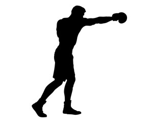 A striking black silhouette of a boxer delivering a powerful punch, demonstrating the forward momentum and focused aggression characteristic of the sport, isolated on a white background