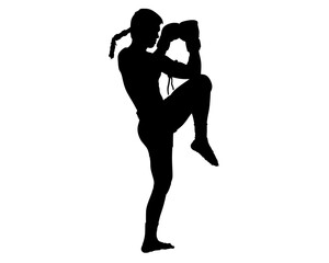 A dynamic black silhouette of a Muay Thai fighter executing a knee strike or clinching, wearing boxing gloves and featuring braided hair, isolated against a white background