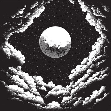 Black and white dotwork illustration of the full moon surrounded by clouds, detailed stippling style night sky artwork with atmospheric celestial mood , vector style simple color