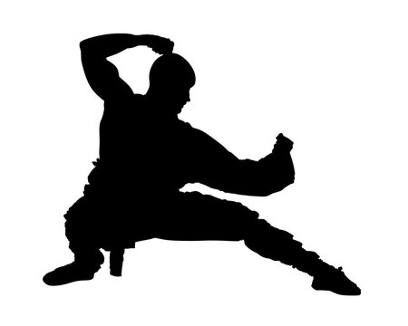 A powerful black silhouette of a Shaolin Kungfu practitioner executing a low bow stance (gongbu or mabu) with one arm raised for a dynamic block or strike, symbolizing strength and ancient Chinese mar