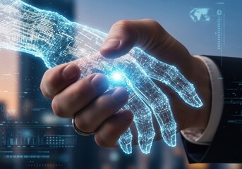 Human hand shaking a glowing digital hand, symbolizing artificial intelligence, future technology, and innovative collaboration