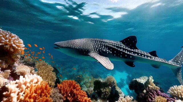 Whale shark gliding above colorful coral reef with small fish surrounding it, vibrant marine ecosystem