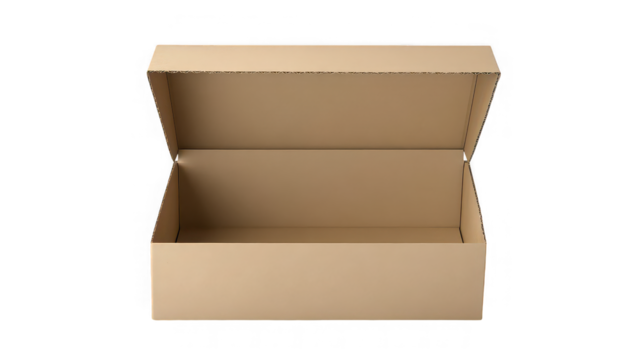 An open rectangular cardboard box with flaps extending upwards on a black background plain view