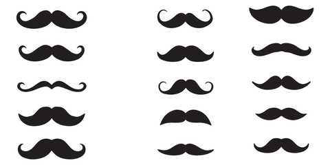 Different moustache silhouettes set. Black hipster, gentleman or barbershop symbols and retro elements. Collection of men's moustaches. Vector illustration on white background