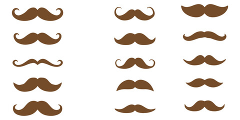 Different moustache silhouettes set. Black hipster, gentleman or barbershop symbols and retro elements. Collection of men's moustaches. Vector illustration on white background