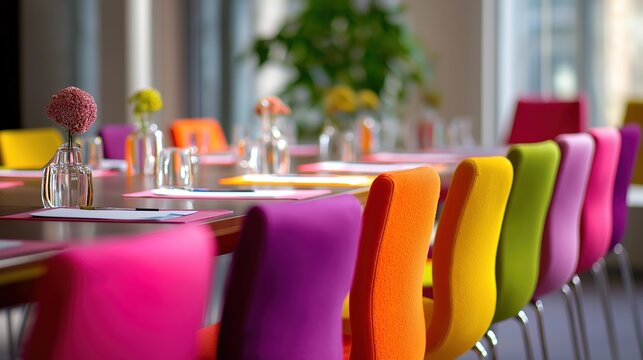 Contemporary Conference Room with Vibrant Design and Creative Business Atmosphere, an Ideal Seminar Venue for Professional Meeting - Powered by Adobe