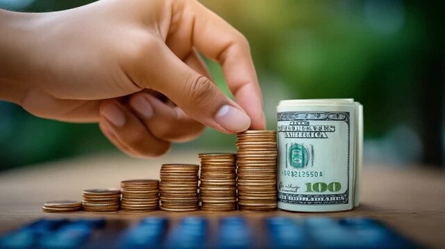 Financial Growth: The image depicts a hand meticulously stacking coins, symbolizing financial growth and wealth accumulation, alongside a roll of currency representing monetary value.