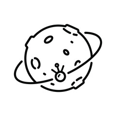 Minimalist Outline Icon of a Cartoon Planet with Rings and Satellite Dish