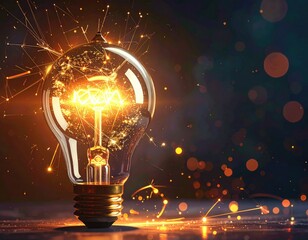 Illuminated bulb emits golden rays, dots