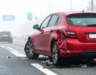 Red car damaged on road after accident, rear view