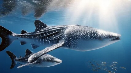 Mother whale shark accompanied by smaller fish companions swimming calmly together