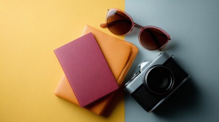 holiday travel essentials flat lay featuring passport, tickets, camera, and sunglasses, vibrant colors, top-down perspective
