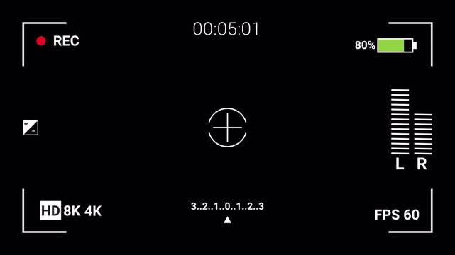 camcorder recording screen. Recording camera screen interface with timer on alpha channel. Video camera viewfinder recording screen overlay with HD format. 4K Video.