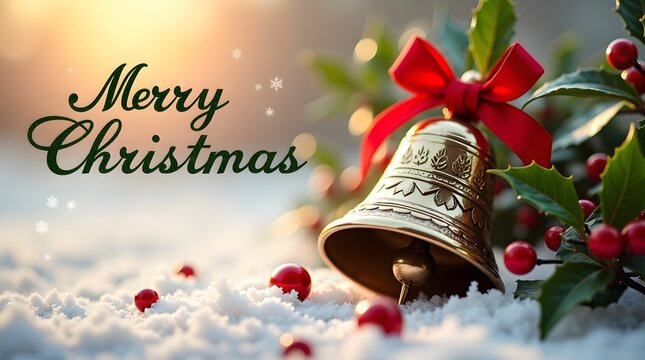Merry christmas greeting with golden bell, red berry, and festive holiday decoration in snow