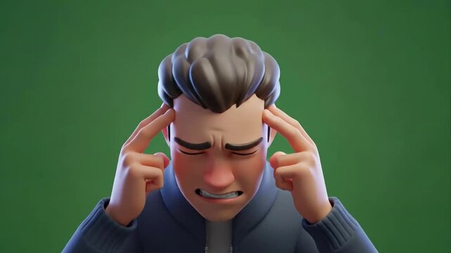 Animated man thinking with fingers on forehead against green background