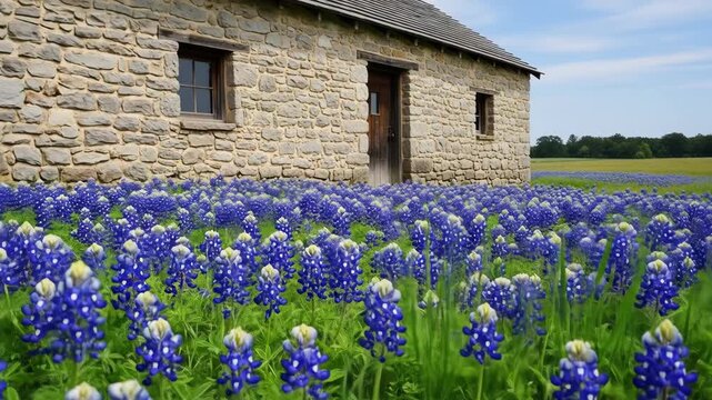 Stone cottage surrounded by vibrant bluebonnet flowers in a serene field