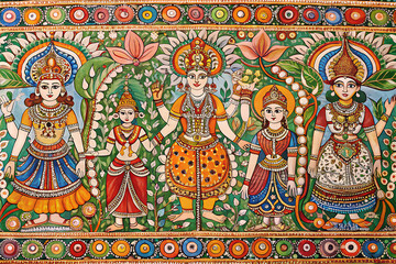 Fototapeta premium Pattachitra mythological pattern, hand-painted with fine detail and earthy colors