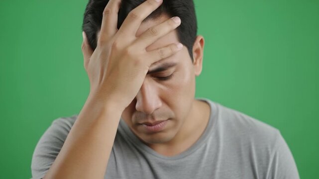 Overwhelmed Man: Captured against a stark backdrop, a man, etched with worry, holds a hand to his forehead, capturing a moment of profound stress and introspection. 