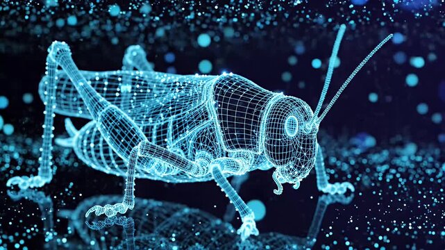 A futuristic three-dimensional wireframe rendering of a grasshopper glowing with blue light
