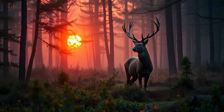 Misty dawn, majestic red deer stag in dense forest, wildlife, photography