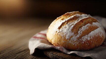 freshly baked artisan bread on rustic wooden board, golden crust, warm cozy tones