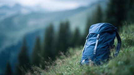 mountain hiking adventure scene with scenic view, lush greenery, outdoor travel gear, fresh air and natural beauty