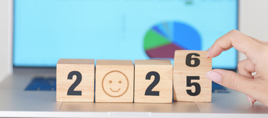 2025 end year to Happy New Year 2026 with Smile block. Satisfaction, feedback, Review, mental...