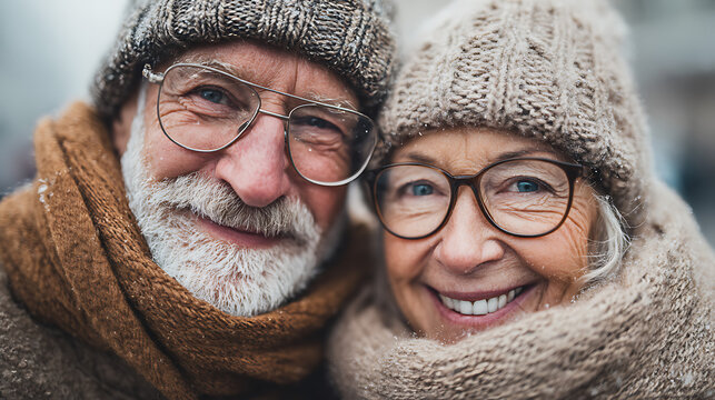 happy senior couple wearing glasses and warm winter clothing together love companionship aging lifelong happiness elderly mature cheerful relationship cozy outdoor affection joy adult comfort - Powered by Adobe
