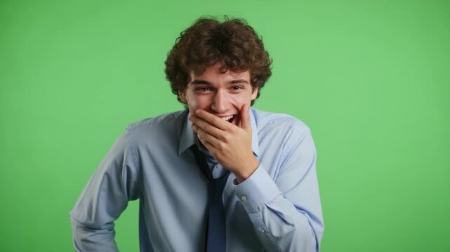 Laughter: Capturing a candid moment of pure joy and amusement, this image shows a person radiating infectious laughter, covering his mouth. 