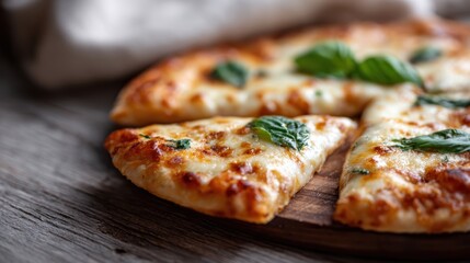 pizza with melted cheese and fresh basil, rustic background, Italian cuisine concept