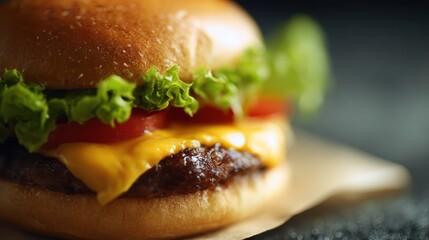 classic cheeseburger with lettuce, tomato, and melted cheese, close-up shot, appetizing details