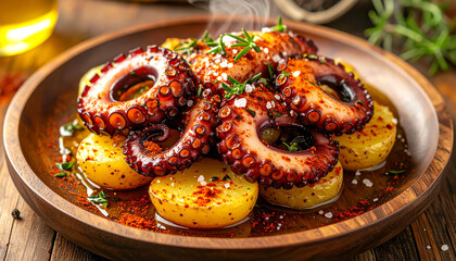 Traditional Pulpo a la Gallega on Wooden Plate