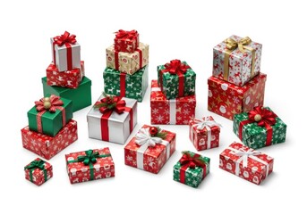 A cheerful collection of red and green christmas gift boxes with bows, perfect for holiday, isolated on white background