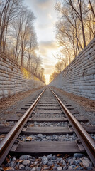 Fototapeta premium Railway track in stone corridor at sunset in autumn