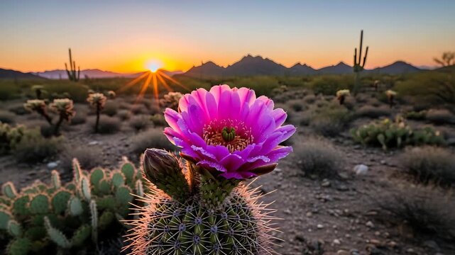 Blooming cactus flower displayed against the colorful sunrise in desert landscape