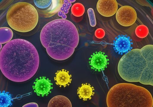 Diverse microscopic organisms including bacteria, viruses, and cells in a vibrant scientific illustration of microbiology